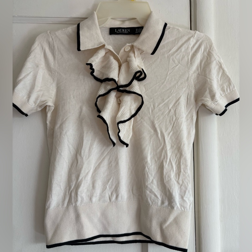 Ralph Lauren Cream Knit Ruffle Polo with Black Trim